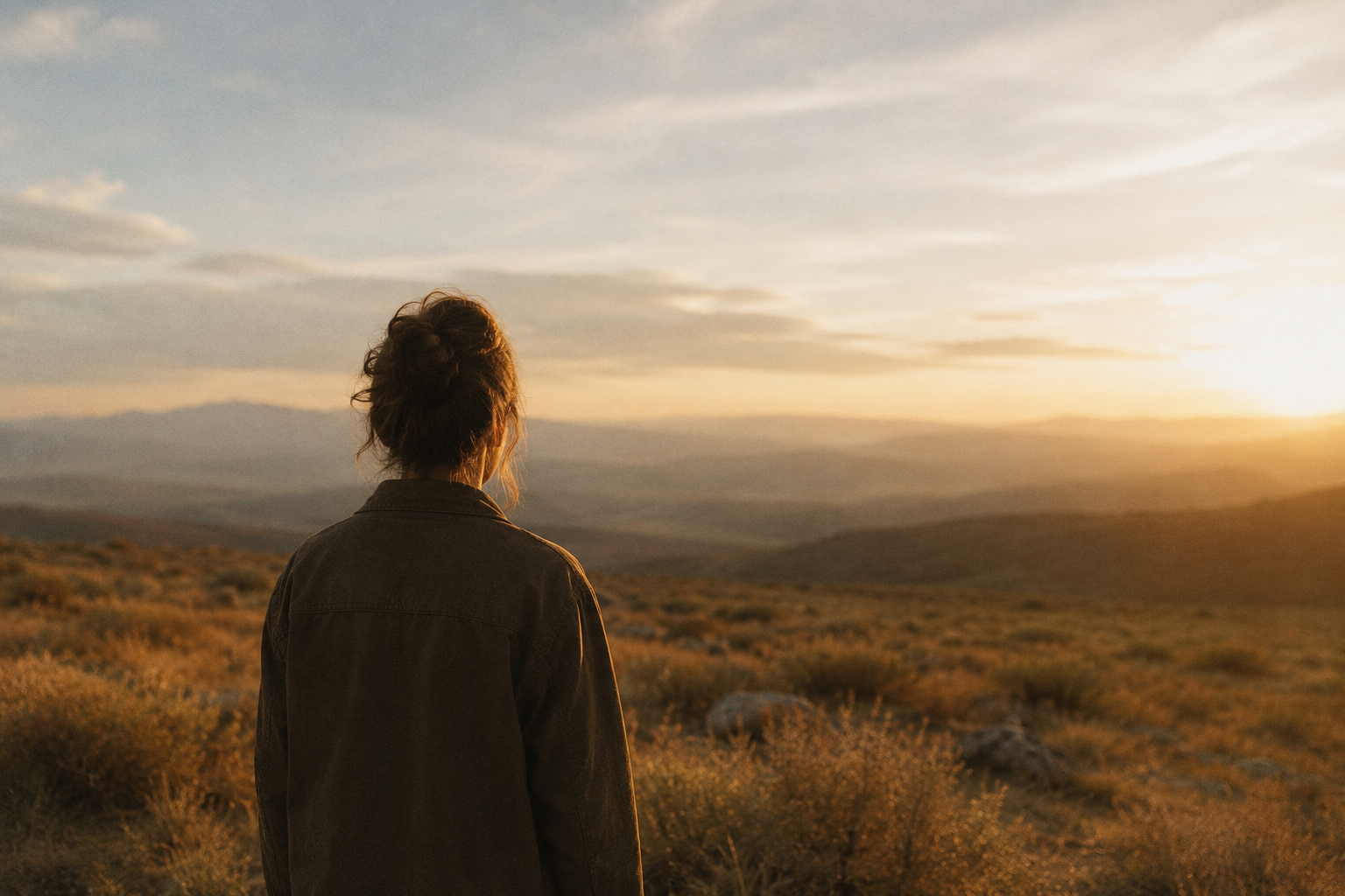 A person standing alone in a golden field at sunset, facing a wide open horizon